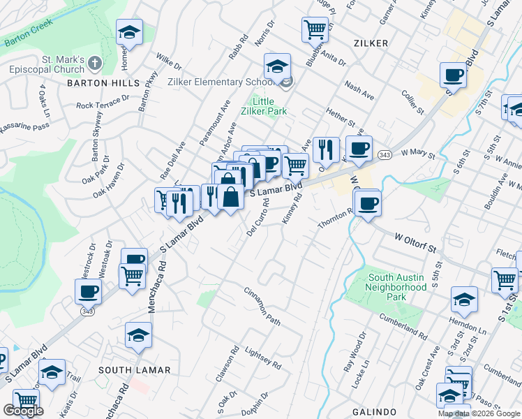 map of restaurants, bars, coffee shops, grocery stores, and more near 2505 Bluebonnet Lane in Austin