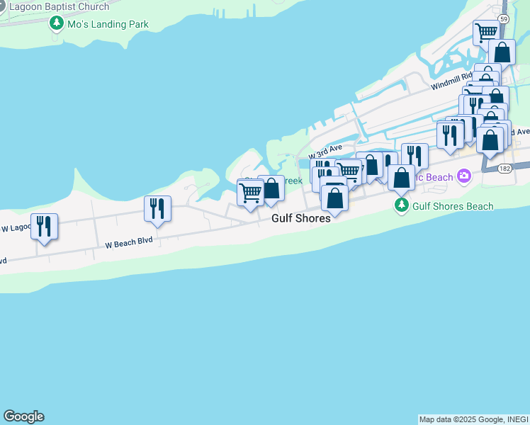 map of restaurants, bars, coffee shops, grocery stores, and more near 104 West 8th Street in Gulf Shores