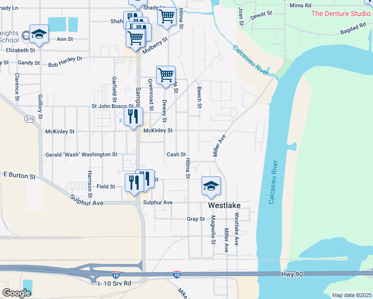 map of restaurants, bars, coffee shops, grocery stores, and more near 1108 Hilma Street in Westlake