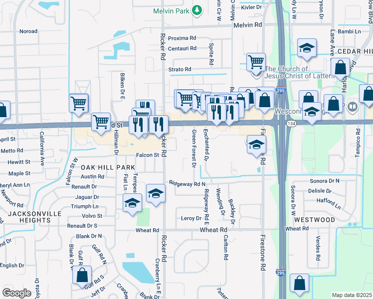 map of restaurants, bars, coffee shops, grocery stores, and more near 7540 103rd Street in Jacksonville