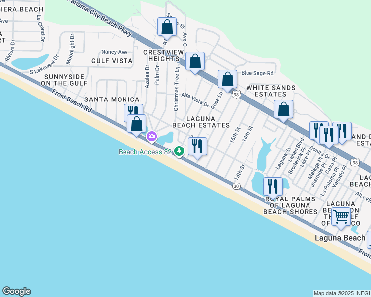map of restaurants, bars, coffee shops, grocery stores, and more near 108 Oleander Drive in Panama City Beach
