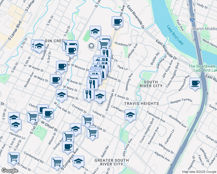 map of restaurants, bars, coffee shops, grocery stores, and more near 203 E Milton St in Austin
