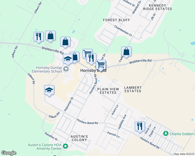 map of restaurants, bars, coffee shops, grocery stores, and more near 14312 Hunters Bend Road in Austin