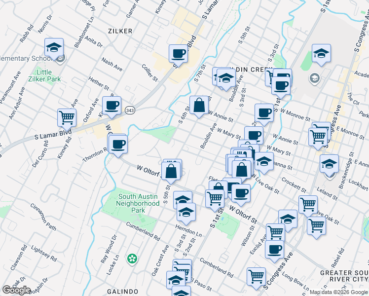 map of restaurants, bars, coffee shops, grocery stores, and more near 916 West Live Oak Street in Austin