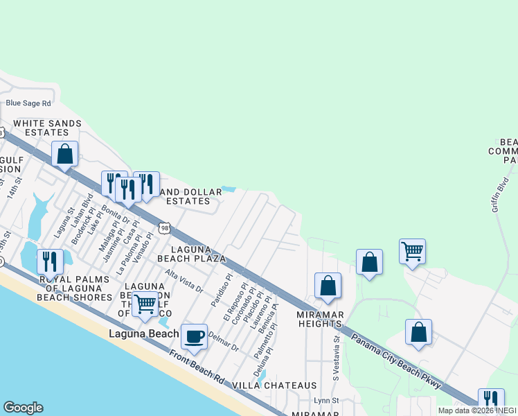map of restaurants, bars, coffee shops, grocery stores, and more near 467 Paradise Boulevard in Panama City Beach