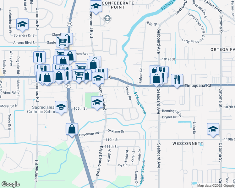map of restaurants, bars, coffee shops, grocery stores, and more near 5906 Old Timuquana Road in Jacksonville