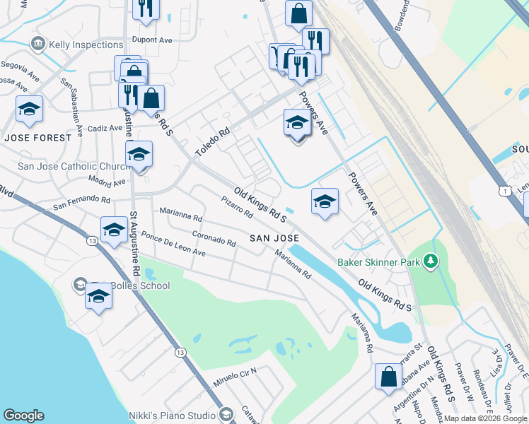 map of restaurants, bars, coffee shops, grocery stores, and more near 3811 Pizarro Road in Jacksonville