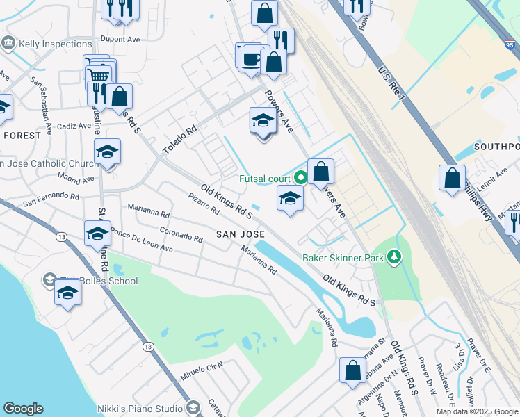 map of restaurants, bars, coffee shops, grocery stores, and more near 7373 Old Kings Road South in Jacksonville