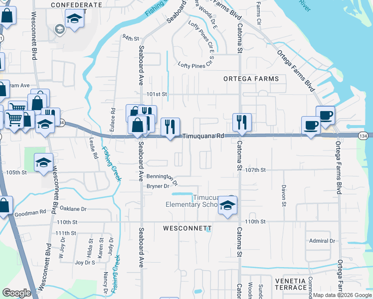 map of restaurants, bars, coffee shops, grocery stores, and more near 5550 Timuquana Road in Jacksonville