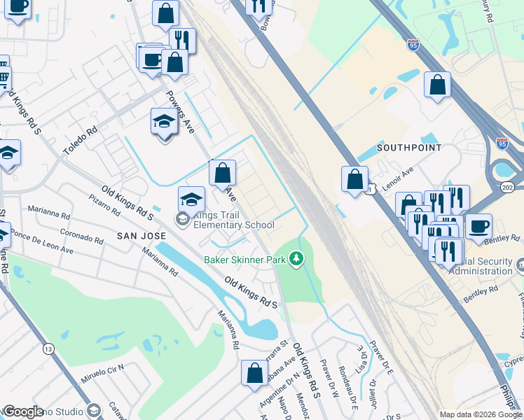 map of restaurants, bars, coffee shops, grocery stores, and more near in Jacksonville