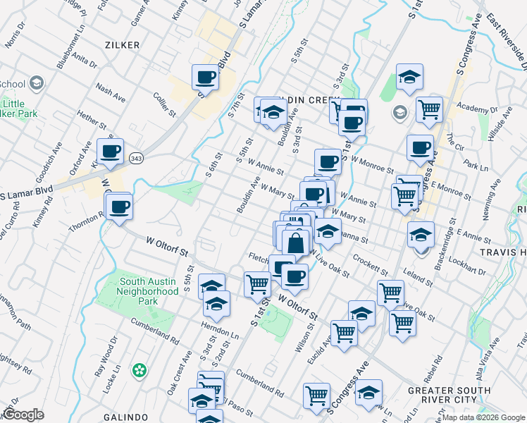 map of restaurants, bars, coffee shops, grocery stores, and more near 801 West Johanna Street in Austin