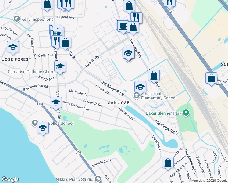 map of restaurants, bars, coffee shops, grocery stores, and more near 3811 Pizarro Road in Jacksonville
