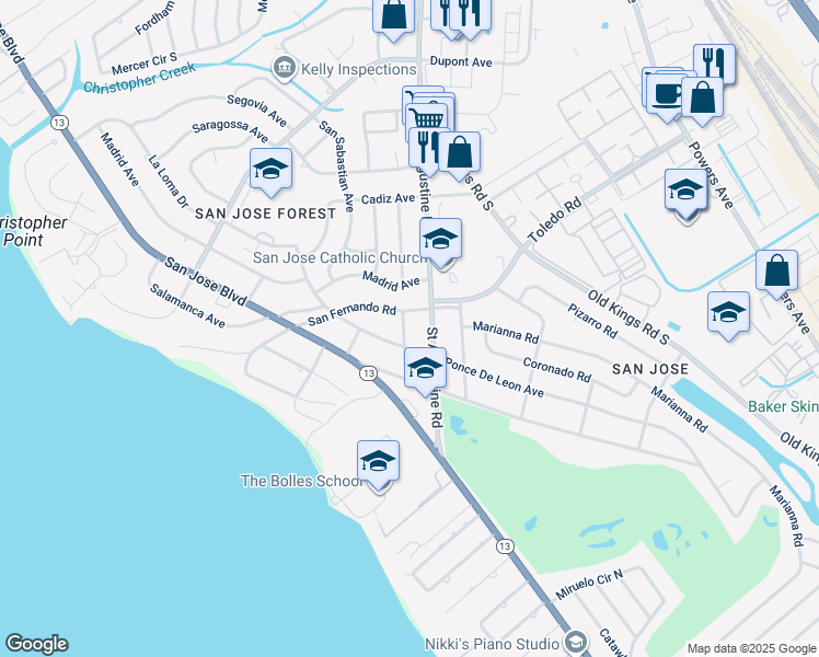 map of restaurants, bars, coffee shops, grocery stores, and more near 3347 Ponce De Leon Avenue in Jacksonville
