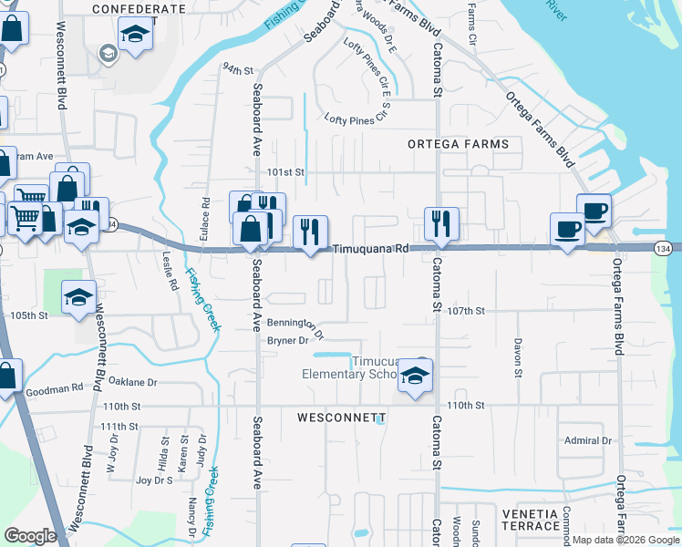 map of restaurants, bars, coffee shops, grocery stores, and more near 5550 Timuquana Road in Jacksonville