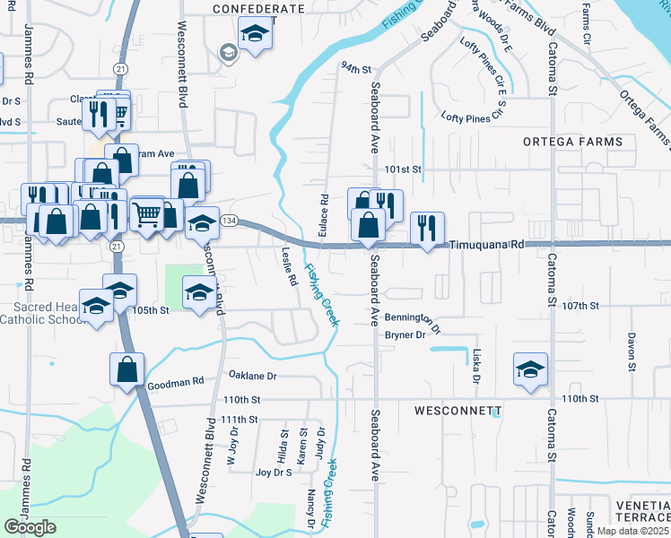 map of restaurants, bars, coffee shops, grocery stores, and more near 5544 Seaboard Avenue in Jacksonville