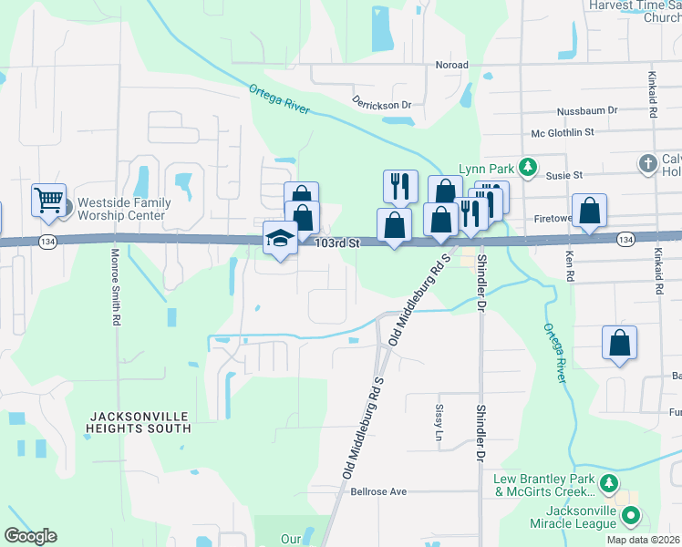map of restaurants, bars, coffee shops, grocery stores, and more near 5483 Village Pond Court in Jacksonville