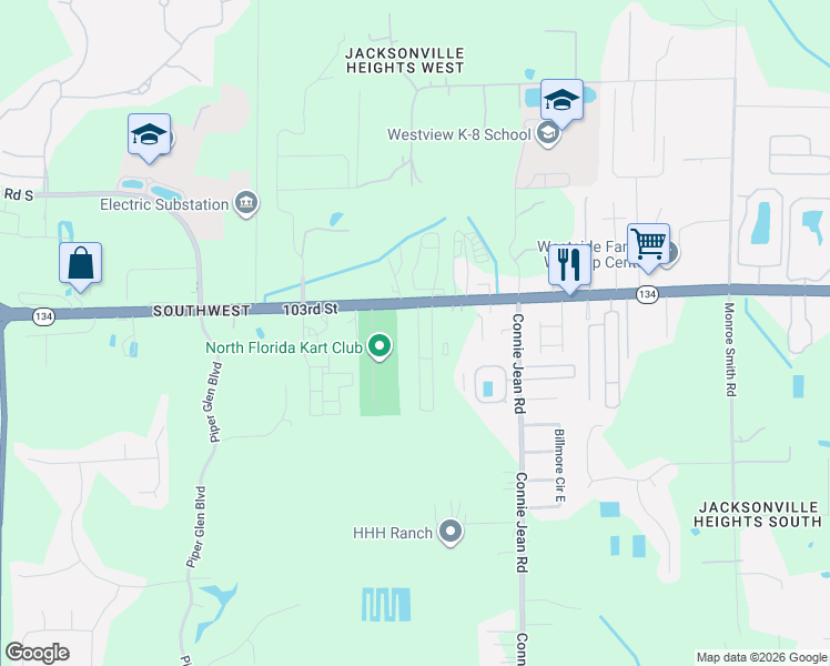 map of restaurants, bars, coffee shops, grocery stores, and more near Sunny Acres in Jacksonville