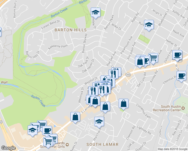 map of restaurants, bars, coffee shops, grocery stores, and more near 2807 Rae Dell Avenue in Austin