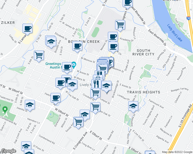 map of restaurants, bars, coffee shops, grocery stores, and more near 211 Annie Street West in Austin