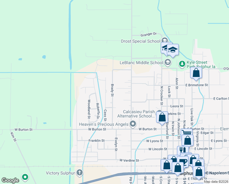 map of restaurants, bars, coffee shops, grocery stores, and more near 830 Brady St in Sulphur