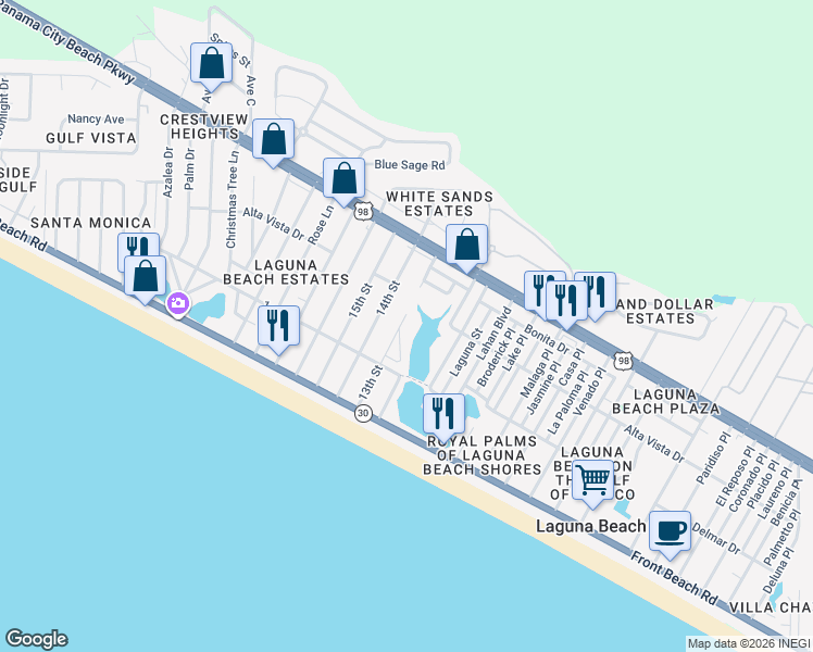 map of restaurants, bars, coffee shops, grocery stores, and more near 219 13th Street in Panama City Beach