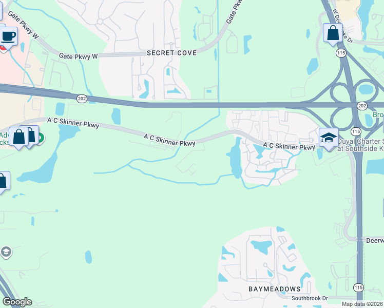 map of restaurants, bars, coffee shops, grocery stores, and more near 7200 A C Skinner Parkway in Jacksonville