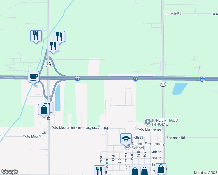 map of restaurants, bars, coffee shops, grocery stores, and more near 500 Toby Mouton Road in Duson