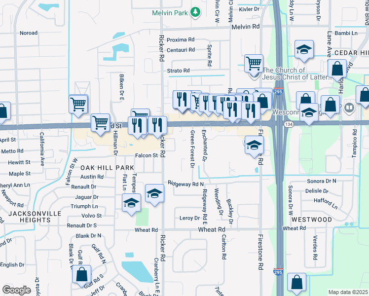 map of restaurants, bars, coffee shops, grocery stores, and more near 7540 103rd Street in Jacksonville