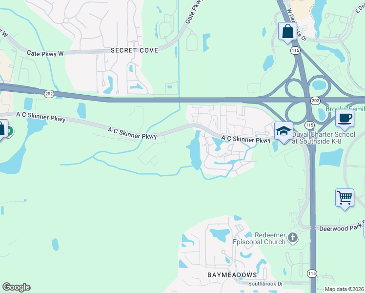 map of restaurants, bars, coffee shops, grocery stores, and more near A C Skinner Pkwy in Jacksonville