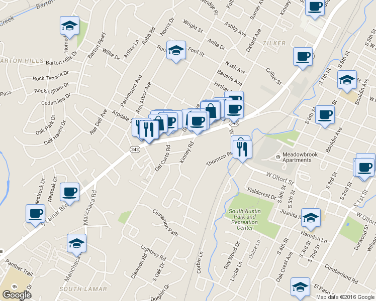 map of restaurants, bars, coffee shops, grocery stores, and more near Iva Lane in Austin
