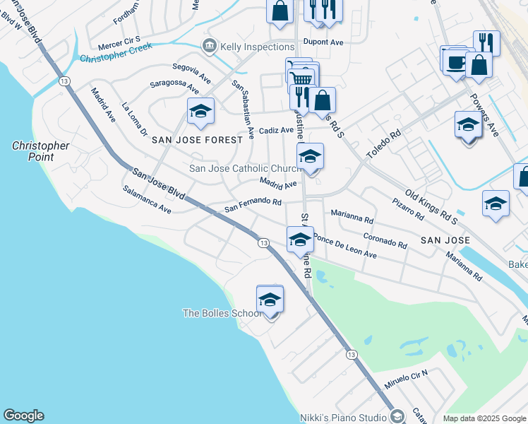 map of restaurants, bars, coffee shops, grocery stores, and more near 3307 Ponce De Leon Avenue in Jacksonville