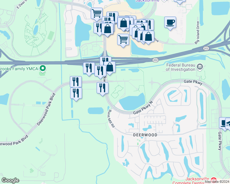 map of restaurants, bars, coffee shops, grocery stores, and more near 5011 Gate Parkway in Jacksonville