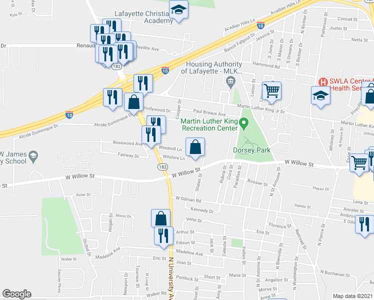 map of restaurants, bars, coffee shops, grocery stores, and more near 130 Windmill Lane in Lafayette