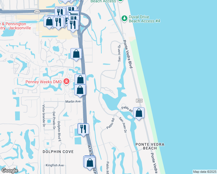 map of restaurants, bars, coffee shops, grocery stores, and more near 91 San Juan Drive in Ponte Vedra Beach