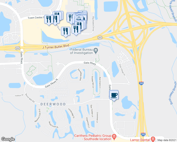 map of restaurants, bars, coffee shops, grocery stores, and more near 7484 Scarlet Ibis Lane in Jacksonville