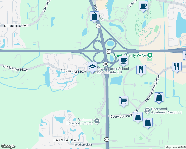map of restaurants, bars, coffee shops, grocery stores, and more near 8680 A C Skinner Parkway in Jacksonville