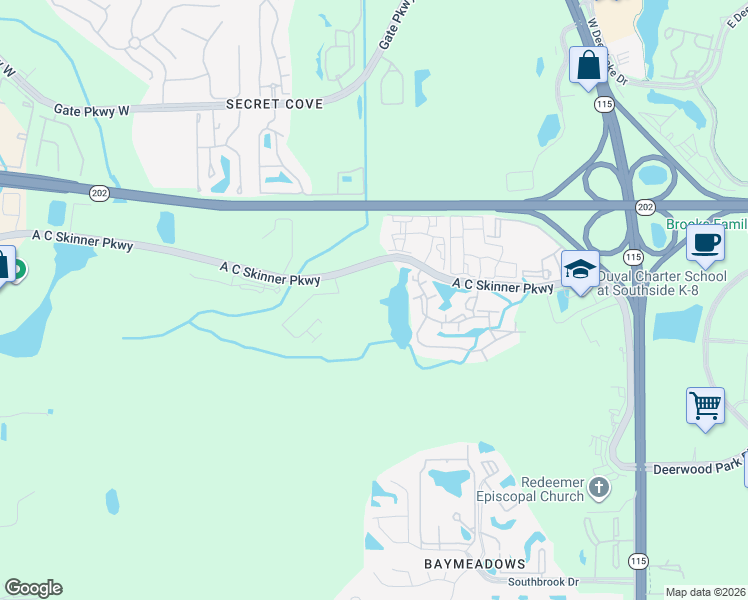 map of restaurants, bars, coffee shops, grocery stores, and more near A C Skinner Pkwy in Jacksonville