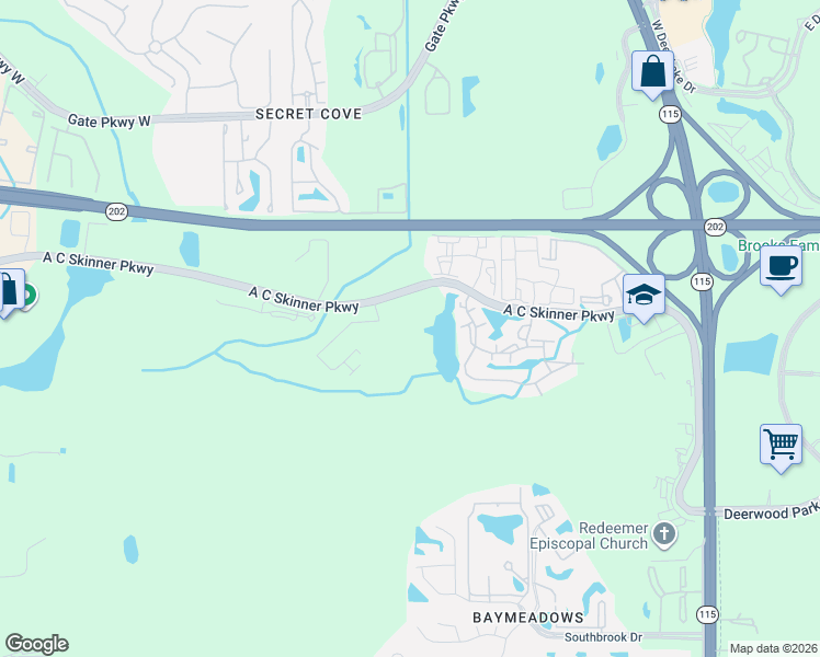 map of restaurants, bars, coffee shops, grocery stores, and more near A C Skinner Pkwy in Jacksonville