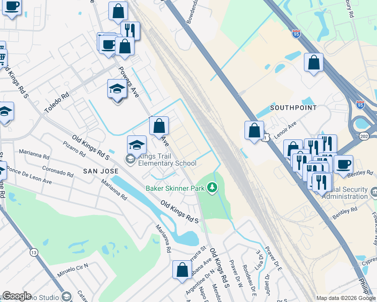 map of restaurants, bars, coffee shops, grocery stores, and more near 7500 Powers Ave in Jacksonville