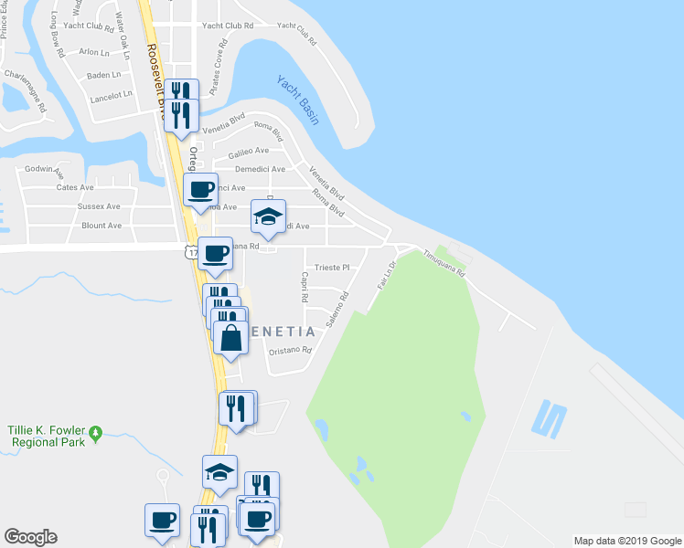 map of restaurants, bars, coffee shops, grocery stores, and more near 4126 Torino Place in Jacksonville