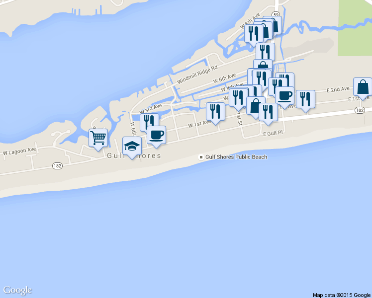 map of restaurants, bars, coffee shops, grocery stores, and more near 417 West Beach Boulevard in Gulf Shores