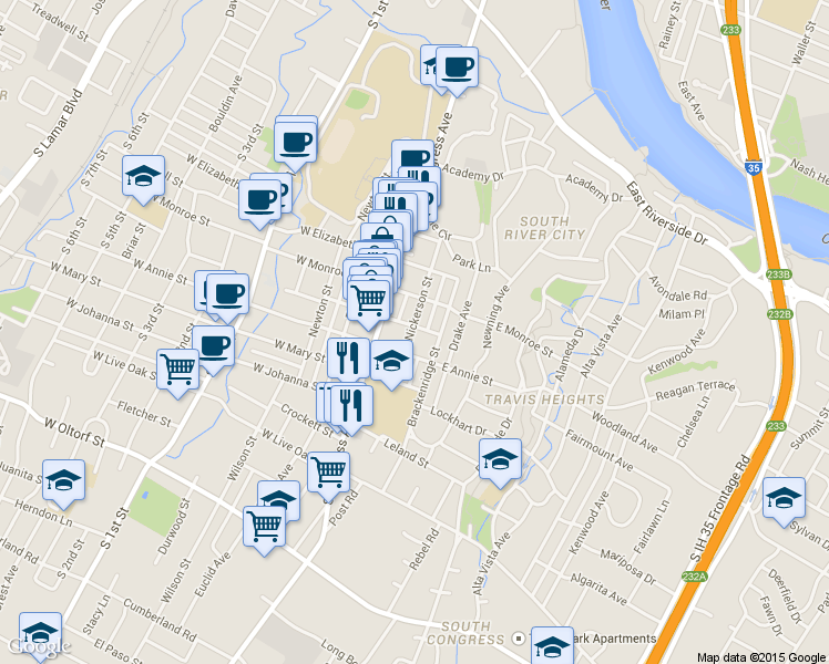 map of restaurants, bars, coffee shops, grocery stores, and more near in Austin