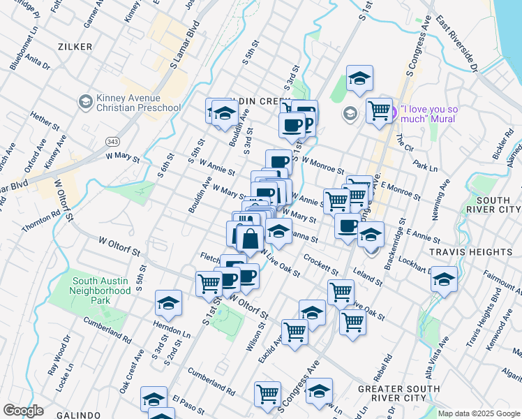 map of restaurants, bars, coffee shops, grocery stores, and more near 612a West Johanna Street in Austin
