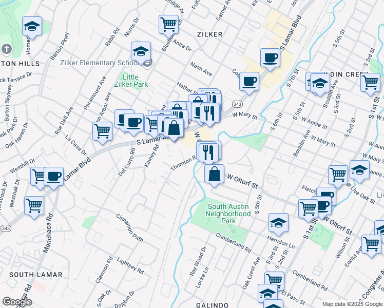 map of restaurants, bars, coffee shops, grocery stores, and more near 2107 Thornton Road in Austin