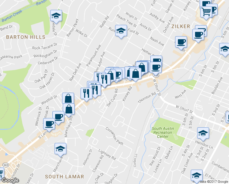 map of restaurants, bars, coffee shops, grocery stores, and more near 2505 Bluebonnet Lane in Austin