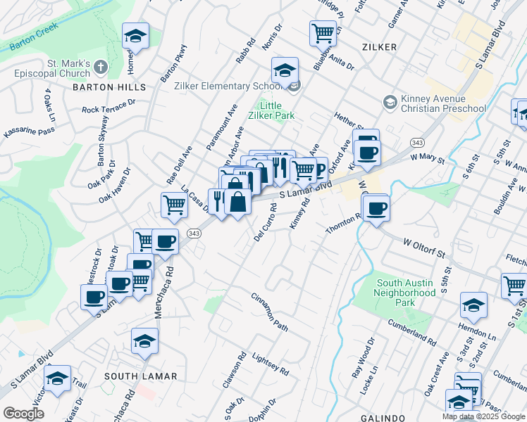 map of restaurants, bars, coffee shops, grocery stores, and more near 2505 Bluebonnet Lane in Austin