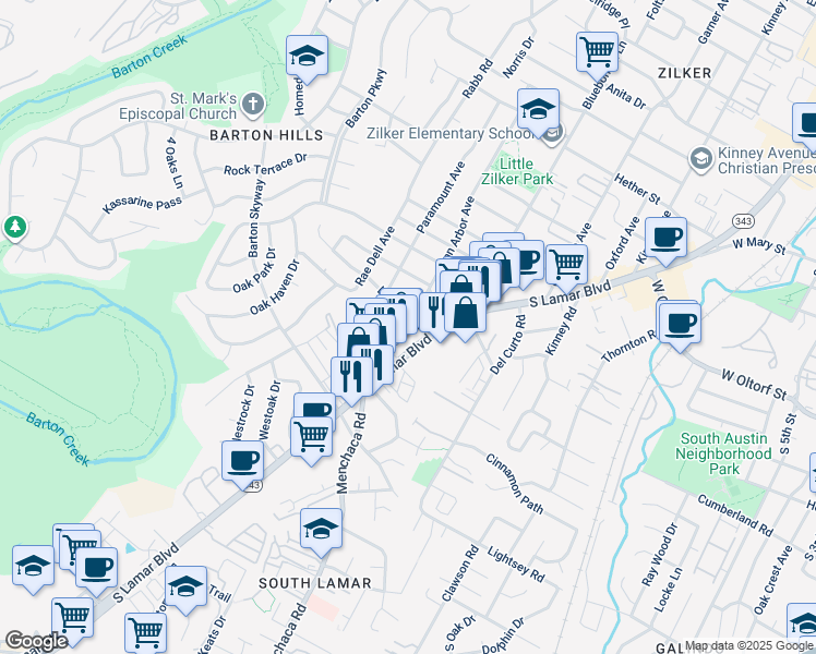 map of restaurants, bars, coffee shops, grocery stores, and more near 2302 Barton Village Cir in Austin