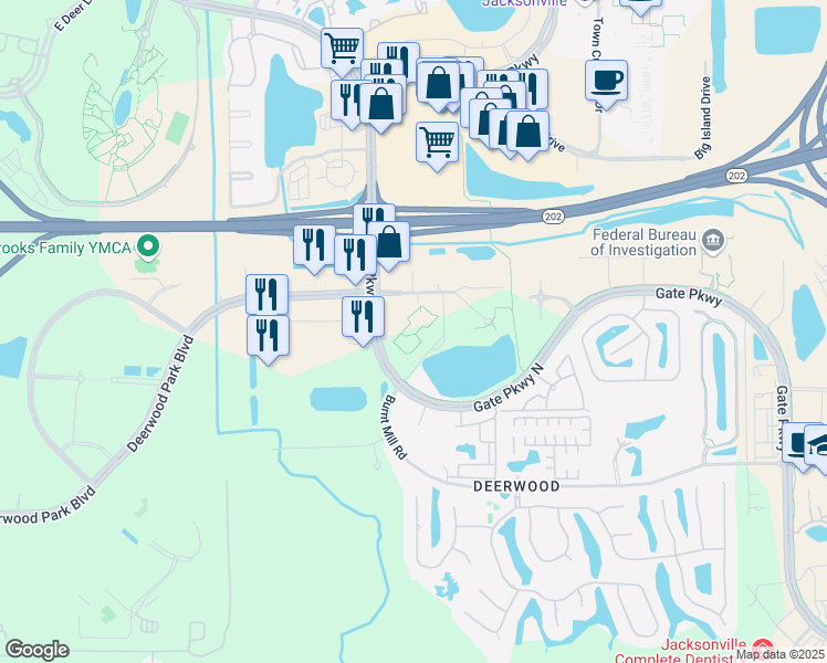 map of restaurants, bars, coffee shops, grocery stores, and more near 5011 Gate Parkway in Jacksonville