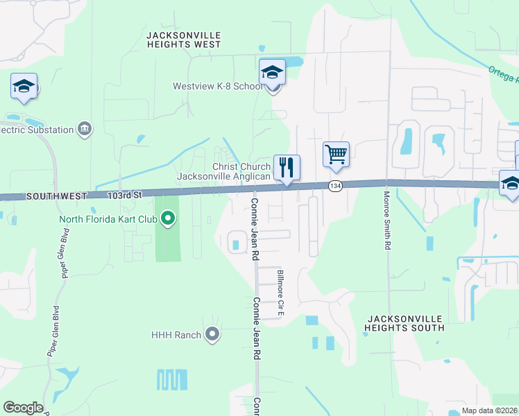 map of restaurants, bars, coffee shops, grocery stores, and more near 5485 Connie Jean Road in Jacksonville