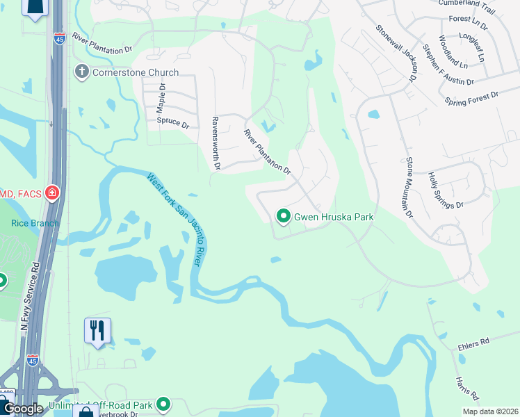 map of restaurants, bars, coffee shops, grocery stores, and more near 527 Brandon Road in Conroe